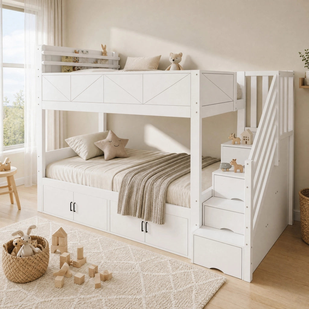 Letto a castello bianco 90x200 cm con scala contenitore