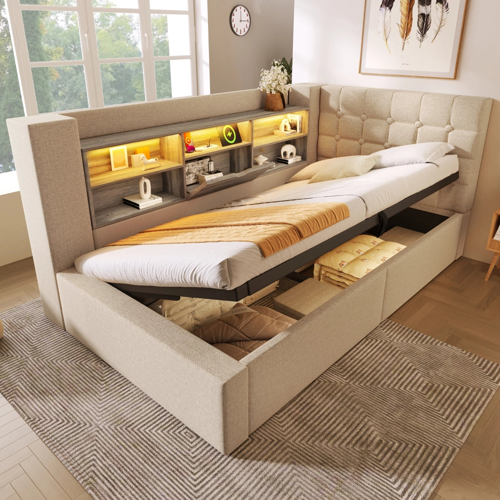 Letto contenitore 90 × 190 cm con testiera a L reversibile LED porte USB e USB-C rivestito in lino beige