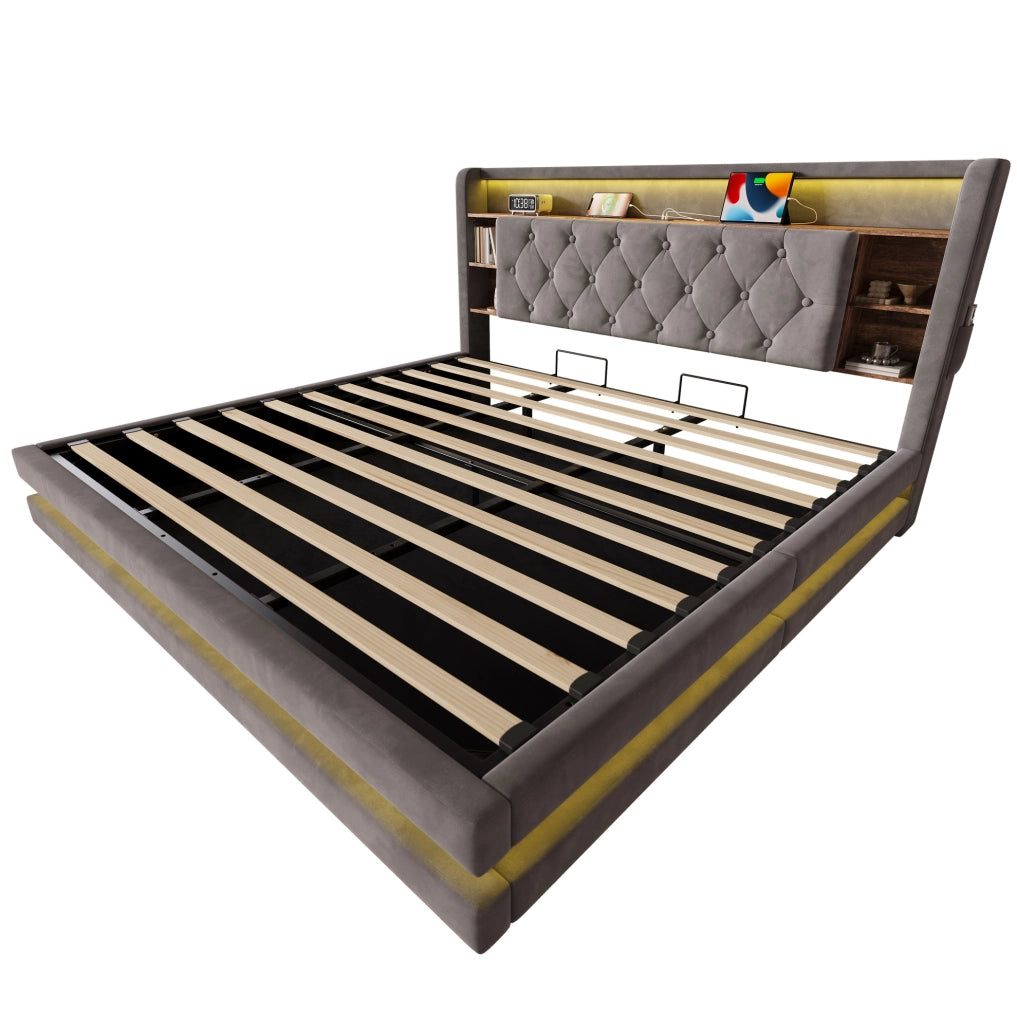 Letto imbottito 180x200 cm grigio scuro con LED e USB