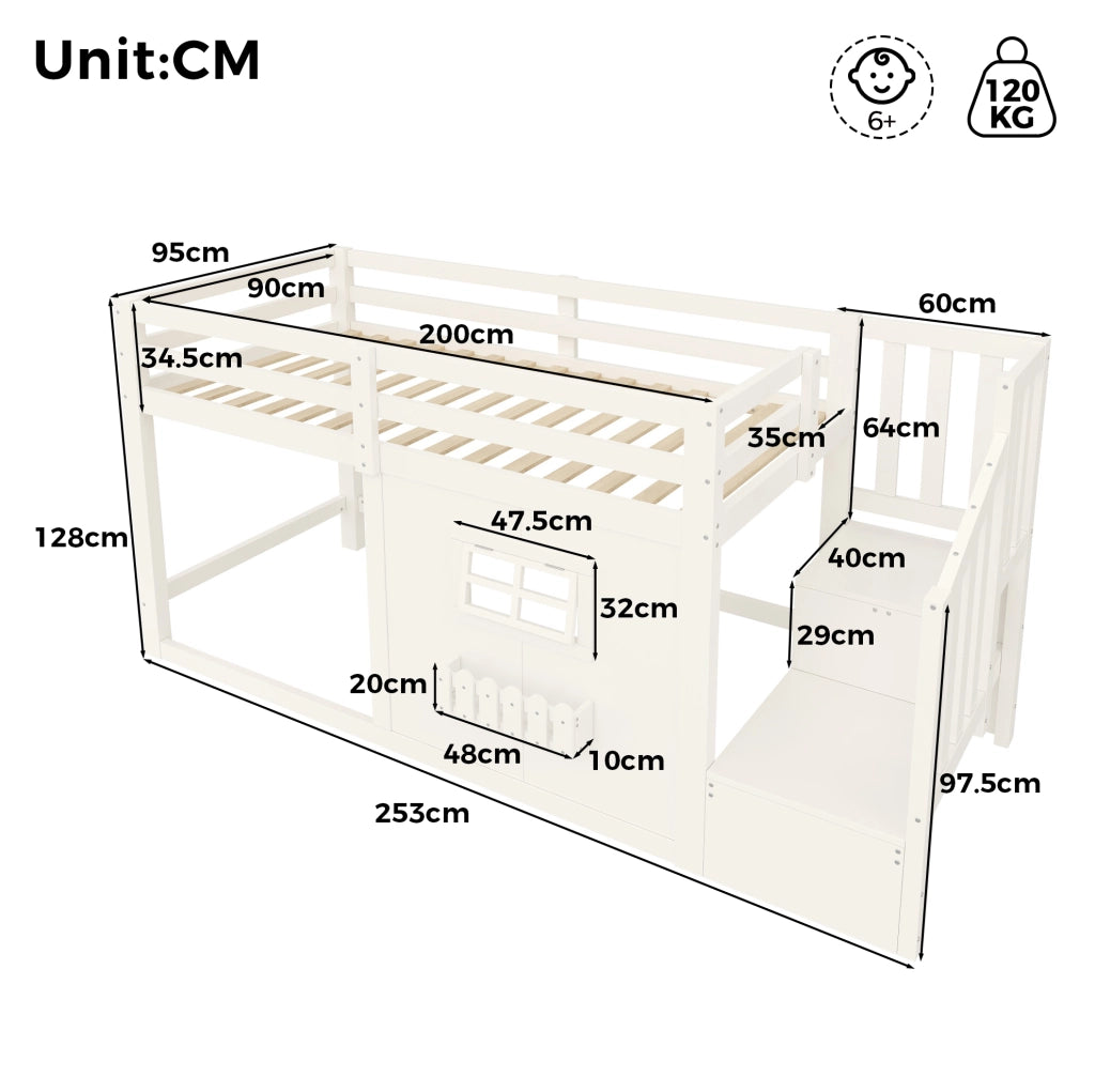 Letto a soppalco singolo 90x200 cm con scala contenitore e LED bianco HOMVRA