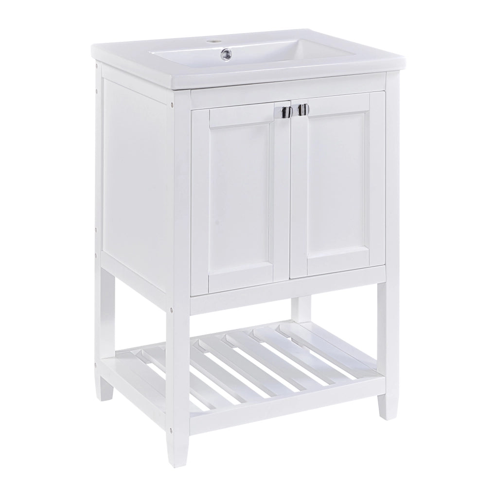 Mobile bagno a pavimento con lavabo in ceramica; bianco; legno massello e MDF