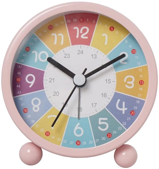 Alarmando per Bambini - Orologio da Parete Analogico Senza Scatto - Ideale per una Buona Notte di Riposo - Rosa - Allarme Acustico con Lampada Notturna - Adatto per Bambini
