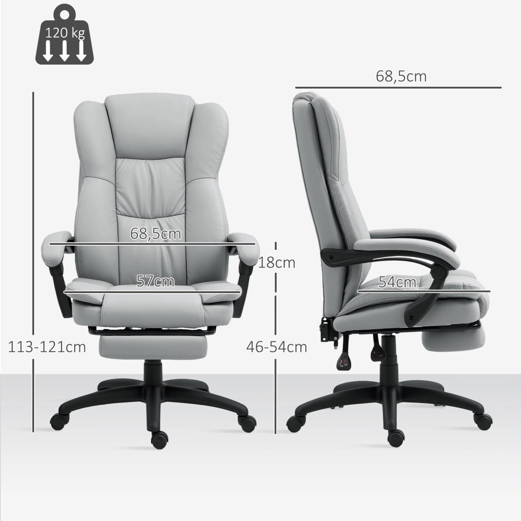 Sedia da ufficio ergonomica con massaggio; schienale reclinabile; poggiapiedi e rotazione 360° in similpelle - grigio chiaro