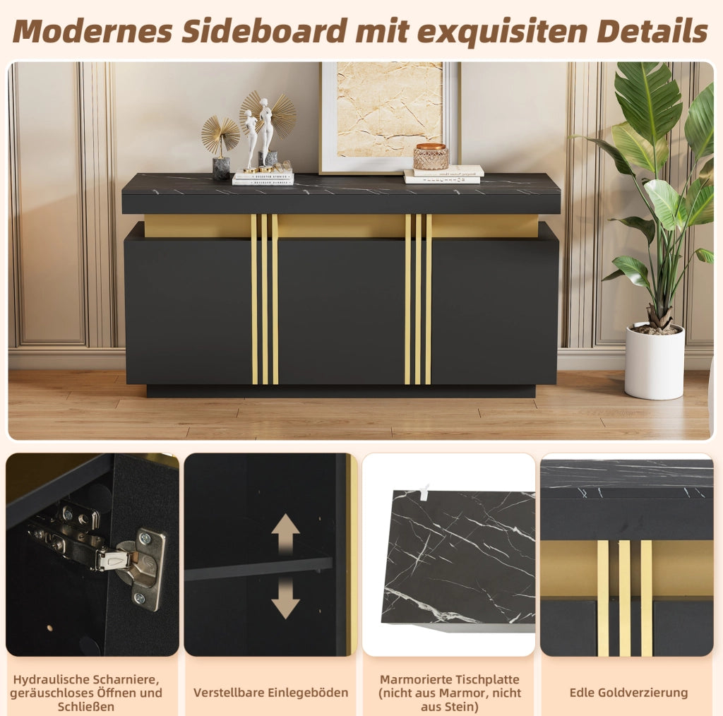 Sideboard Moderno Nero e Oro in Truciolato 140x38x70 cm con 3 Ante e Ripiani Regolabili