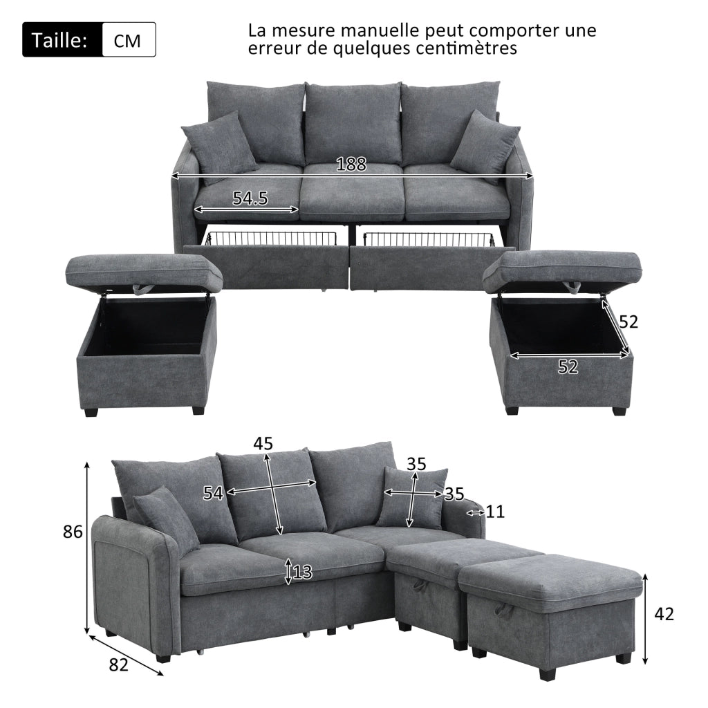 Divano angolare convertibile 3 Posti modulare con contenitore, 2 Pouf, 2 Cuscini, in Ciniglia Grigio Scuro