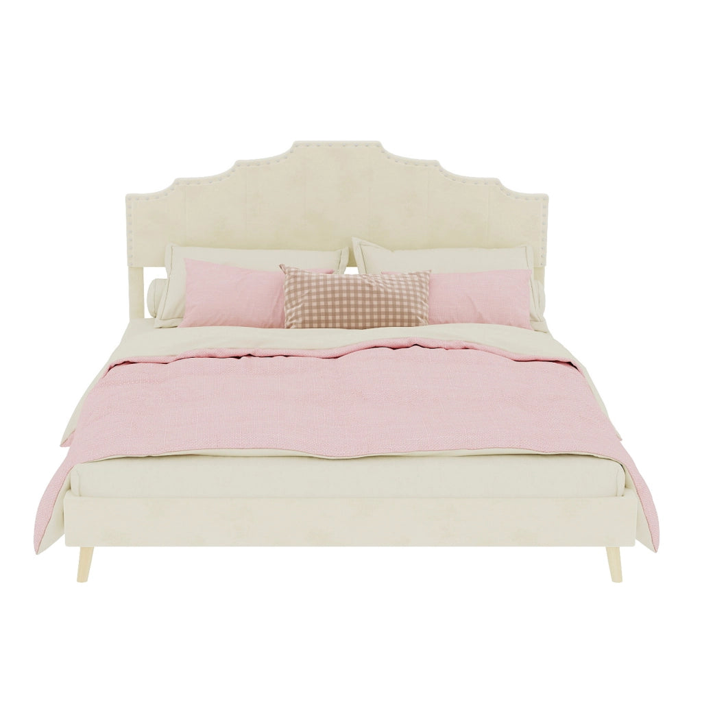 Letto moderno minimalista 160x200 cm beige con testiera imbottita e materasso incluso