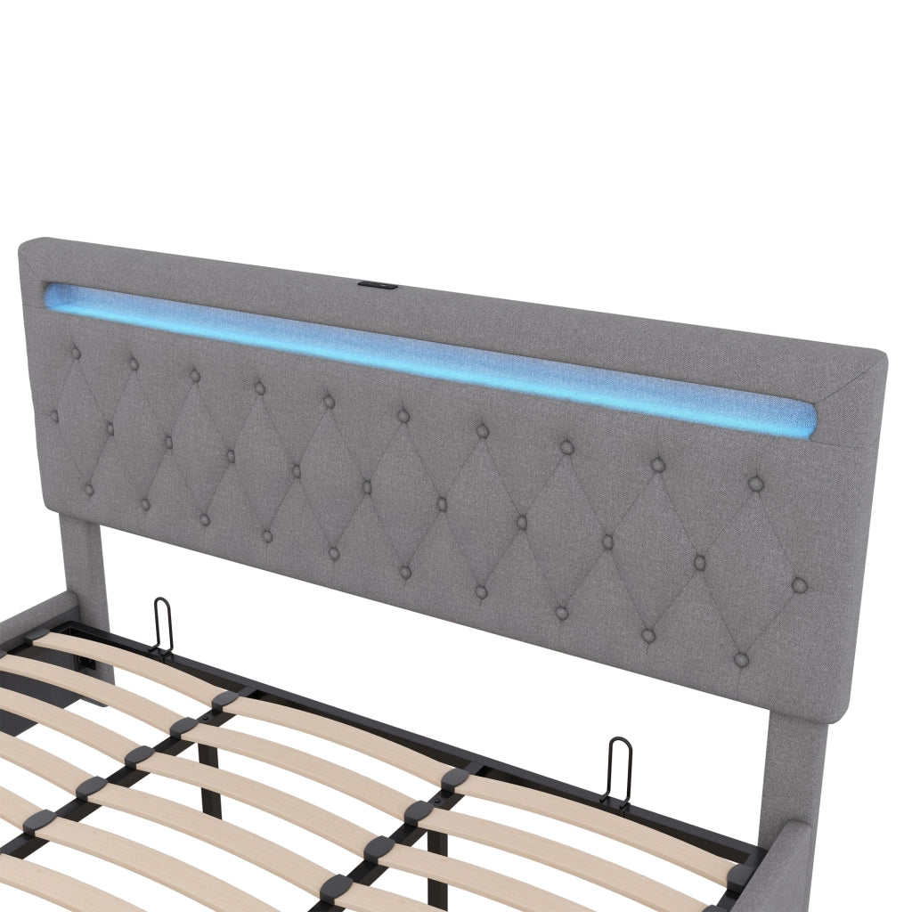 Letto contenitore 180 × 200 cm con sollevamento idraulico LED e porta USB in lino e MDF grigio