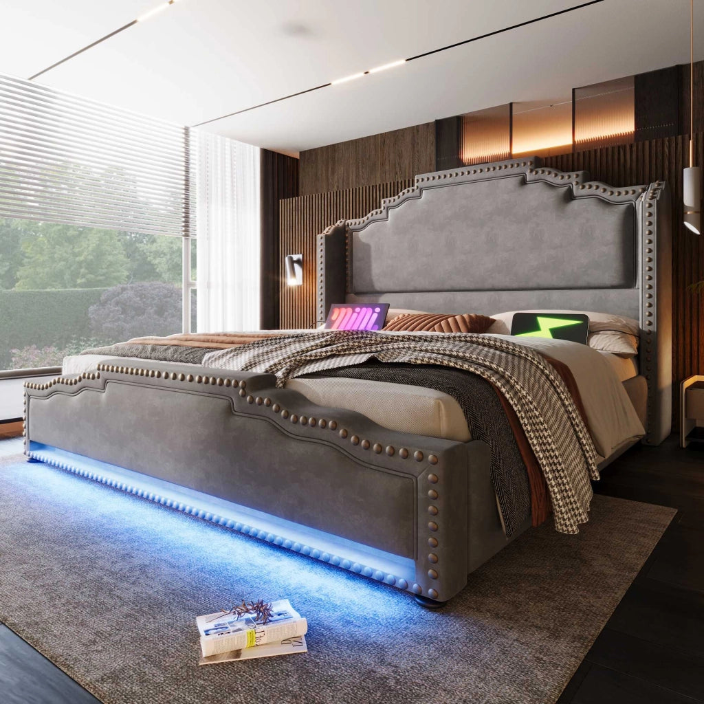 Letto grigio 160x200 cm in velluto con 4 cassetti, LED, porte USB e USB-C, rete a doghe, senza materasso