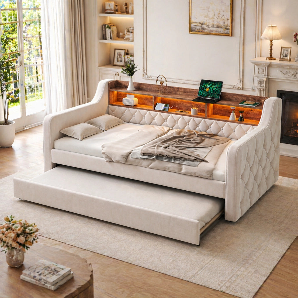 Divano letto 90 × 190 cm trasformabile in letto matrimoniale con ripiano LED USB-C in velluto beige
