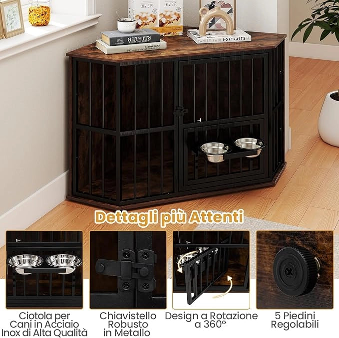 Gabbia per Cani 114 x 60 x 68 cm, Kennel Cane con 2 Ciotole in Acciaio Inox, Piedini Regolabili e Ante, Cuccia Multifunzionale per Animali Domestici di Piccola e Media