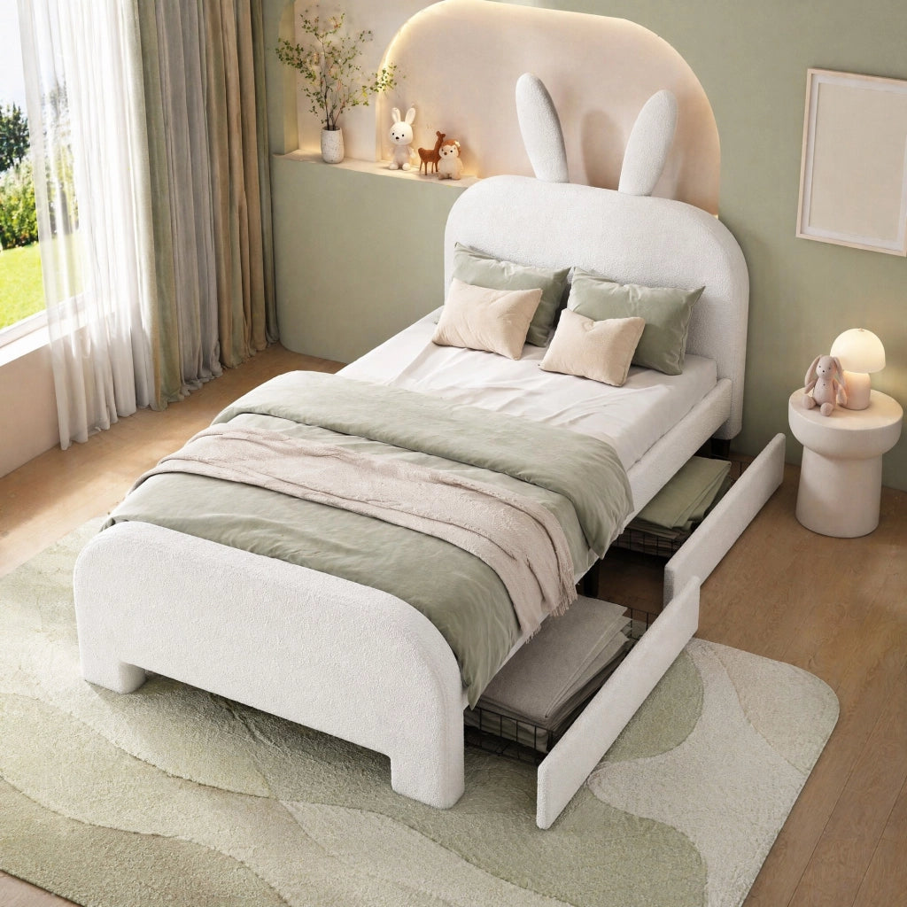 Letto singolo per bambini 90x200 cm con coniglio, 2 cassetti, bianco
