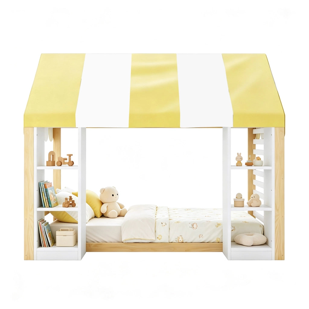 Letto per bambini 90 × 200 cm con baldacchino e due vani aperti in legno bianco e naturale