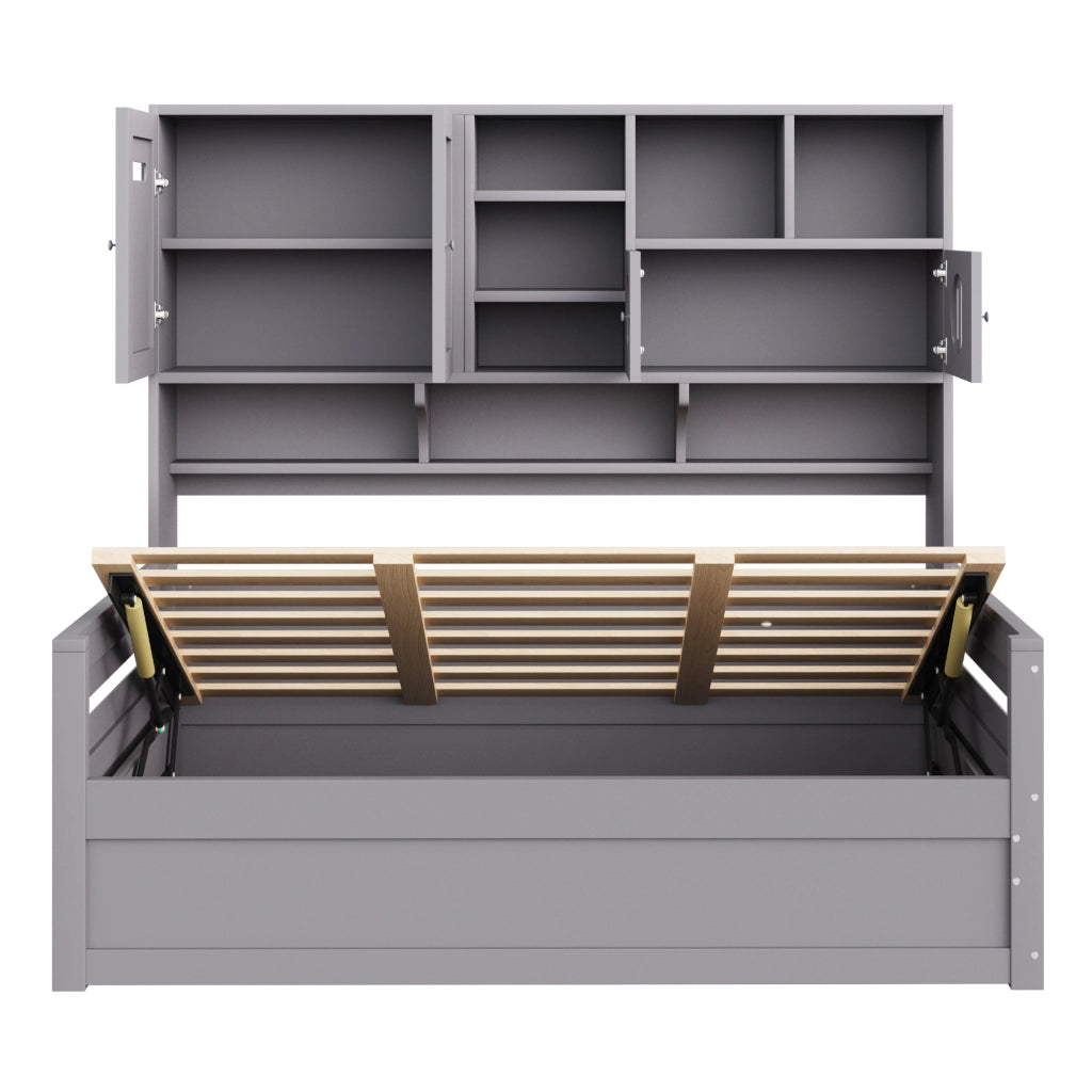 Letto singolo con contenitore 90 × 200 cm con sollevamento idraulico e vano superiore in legno di pino grigio