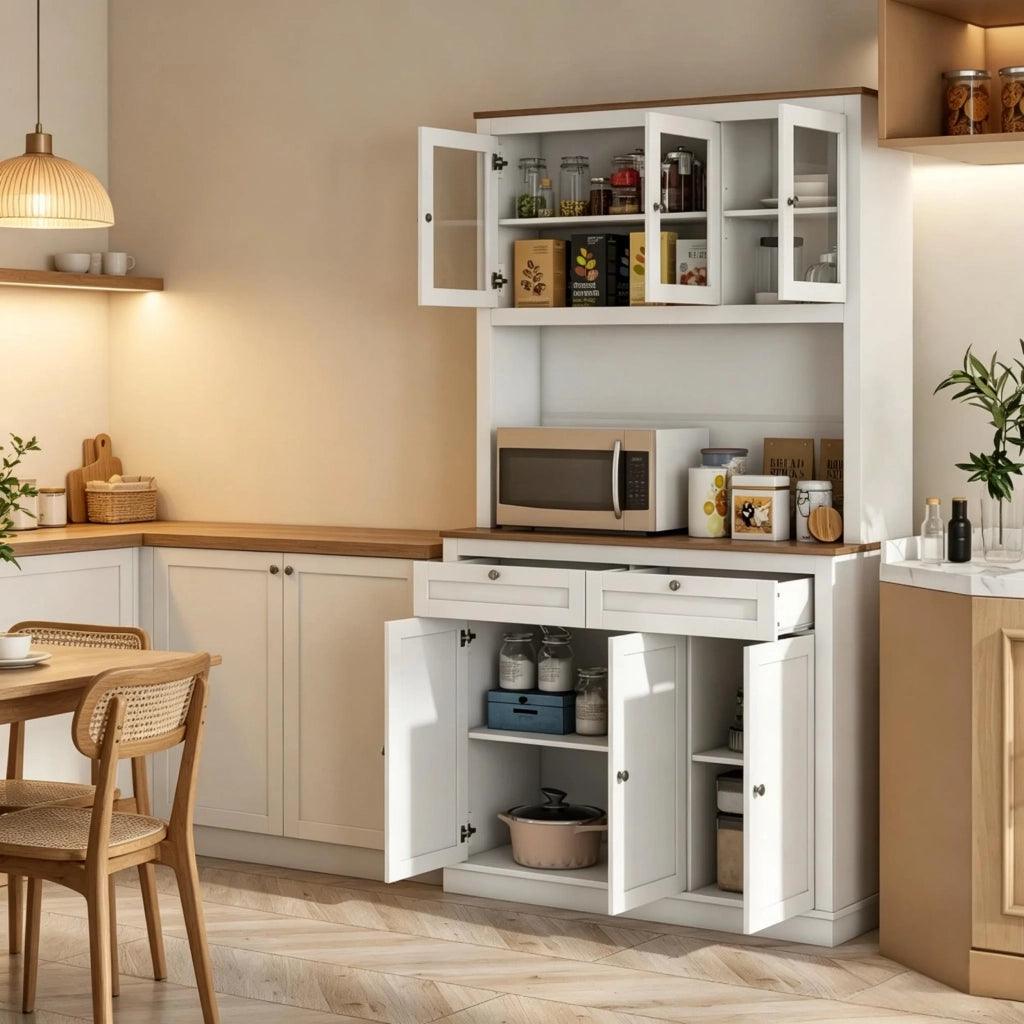 Buffet Credenza con Ripiani Aperti, Cassetti e Ampio Spazio Contenitivo, Mobile per Piatti e Cucina