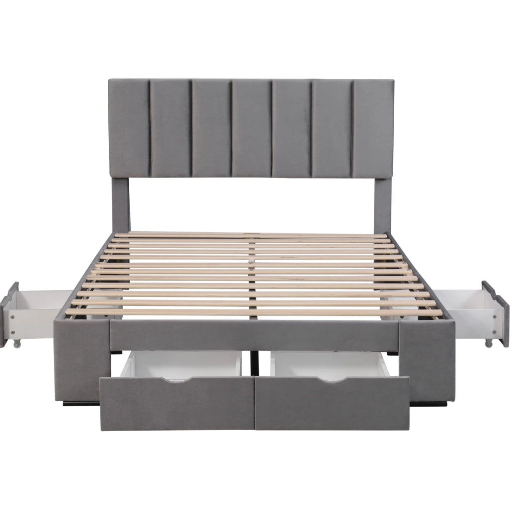Letto imbottito grigio 140x200 cm in velluto con rete e 4 cassetti