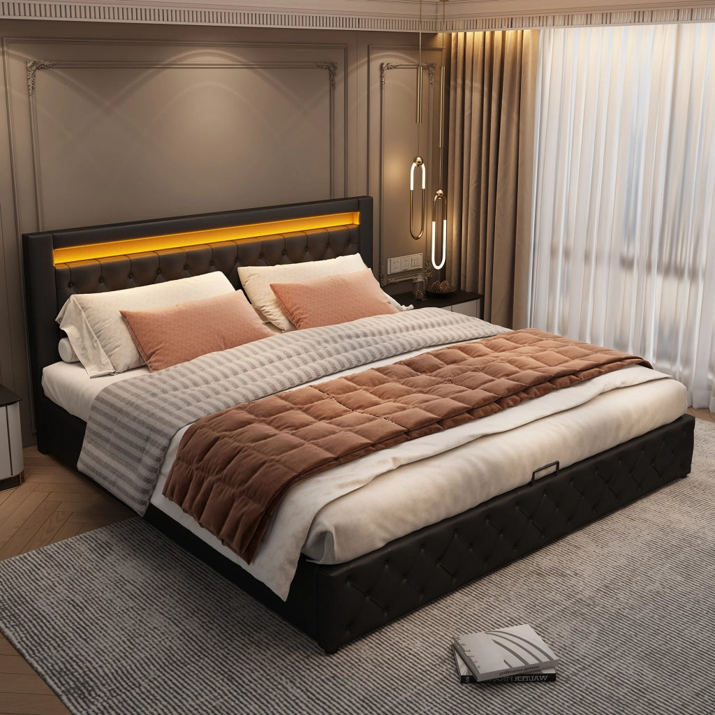 Letto contenitore 140x200 cm; matrimoniale con rete a doghe; LED; PU; nero