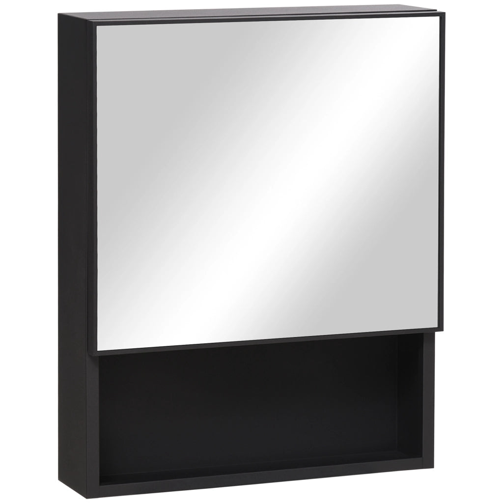 Mobiletto a parete in acciaio inox con specchio, dotato di 2 ripiani interni e ripiano a giorno in vetro, per bagno, dimensioni 46x13,5x58 cm.