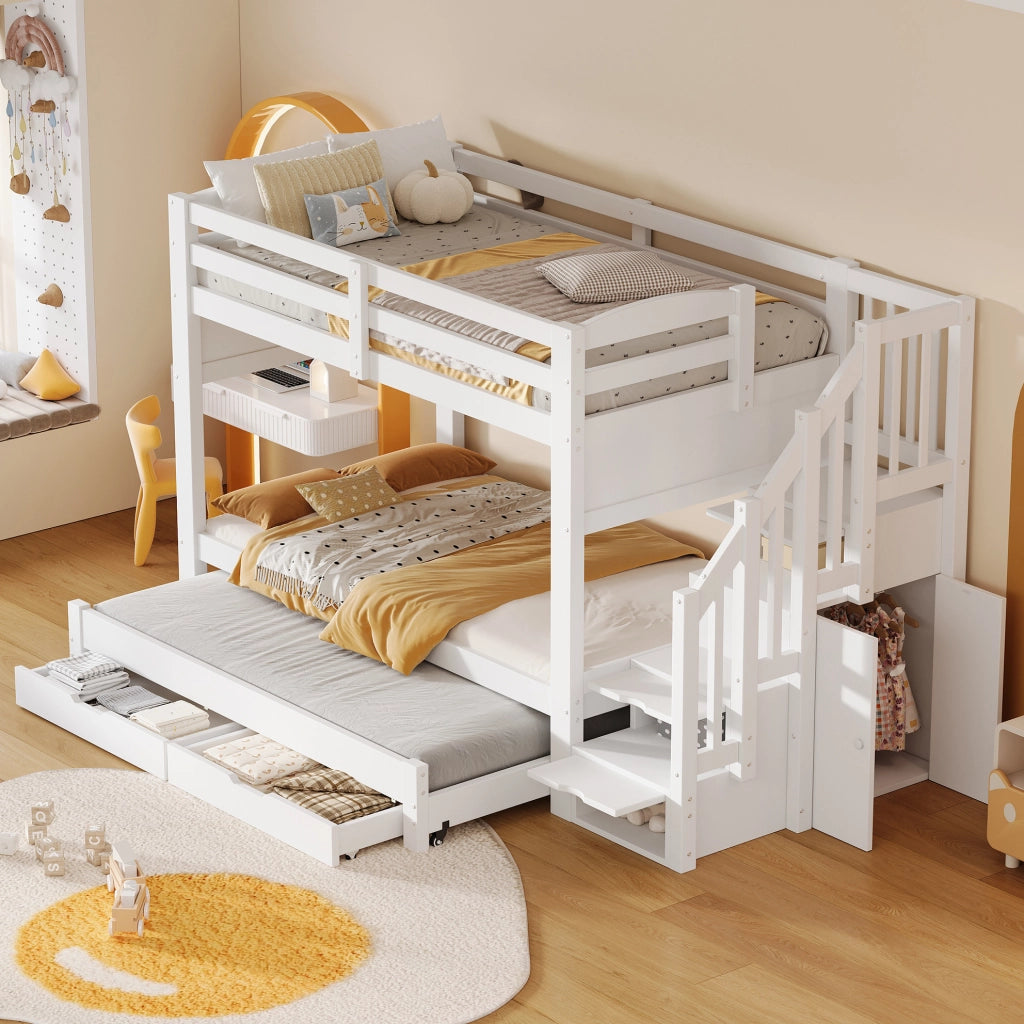 Letto a castello 90x200 cm con letto estraibile; cassetti e armadio bianco HOMVRA