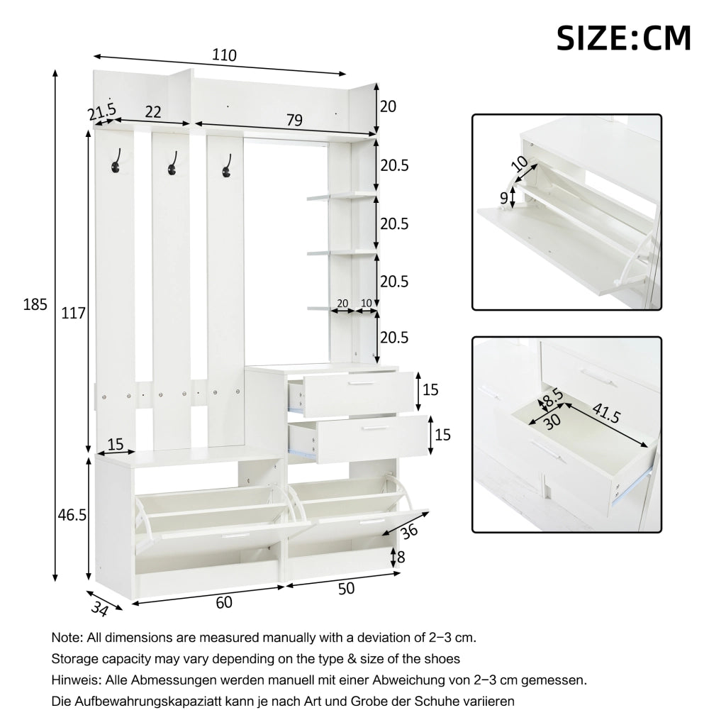 Mobile ingresso 110x34x185 cm bianco MDF con specchio e scarpiere