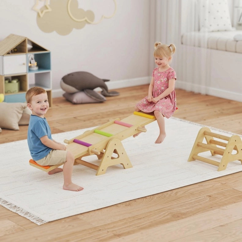 Altalena a bilico ULEVR 2 in 1 in legno, trasformabile in asse di equilibrio, multicolore