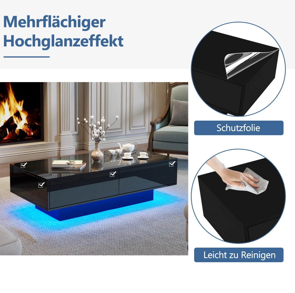Tavolino da salotto nero lucido con LED e due cassetti