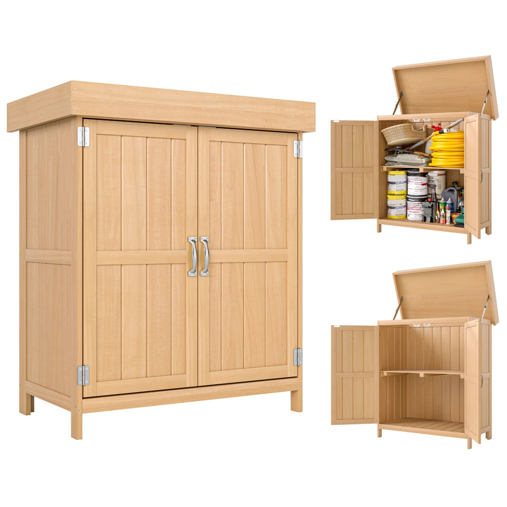 Mobile Armadio da Giardino Porta Attrezzi in Legno Massello di Abete con Doppia Porta Ripiano e Tetto Apribile 74L x 43l x 88H cm