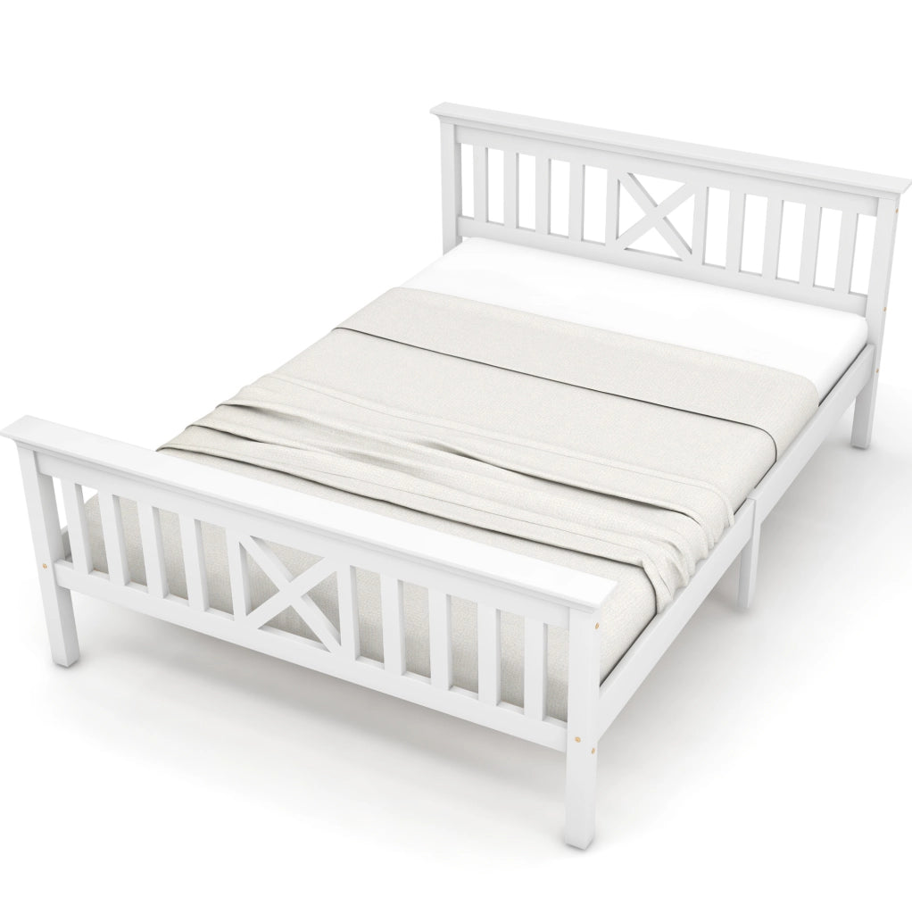 Letto matrimoniale in legno massiccio di pino bianco 140x200 cm con rete a doghe e testiera a X
