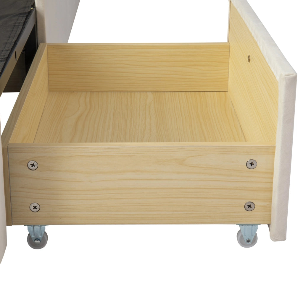 Letto contenitore per bambini 140x200 cm in velluto beige con 3 cassetti e LED HOMVRA