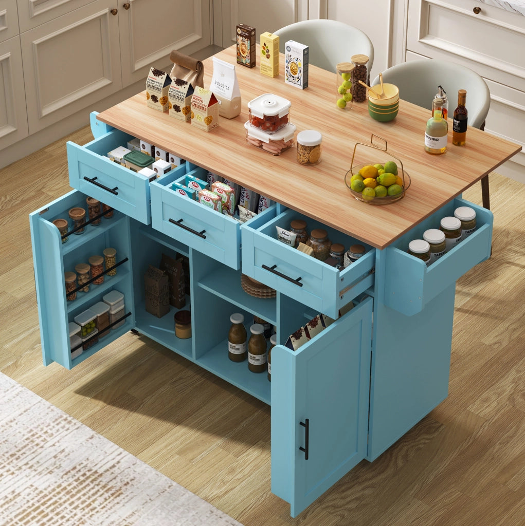 Carrello cucina ULEVR 139x46(71)x91,5 cm con piano pieghevole, 3 cassetti, ripiani regolabili e ruote, blu