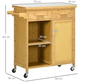 Carrello da cucina in bambù naturale con cassetti, armadietto, ripiani aperti e porta asciugamani, 84x36x85 cm