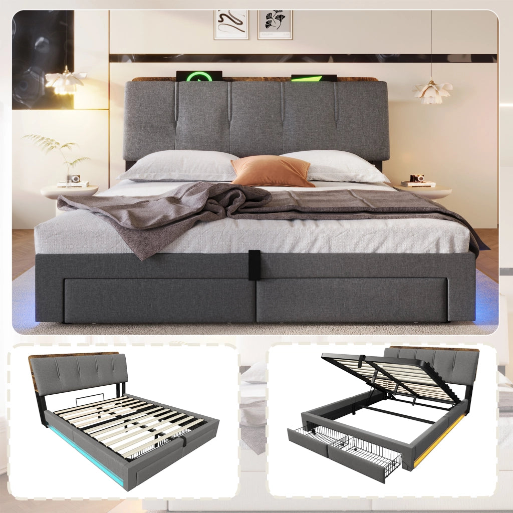 Letto contenitore 140 × 200 cm con vano idraulico cassetti laterali testiera imbottita USB Type-C LED grigio in lino