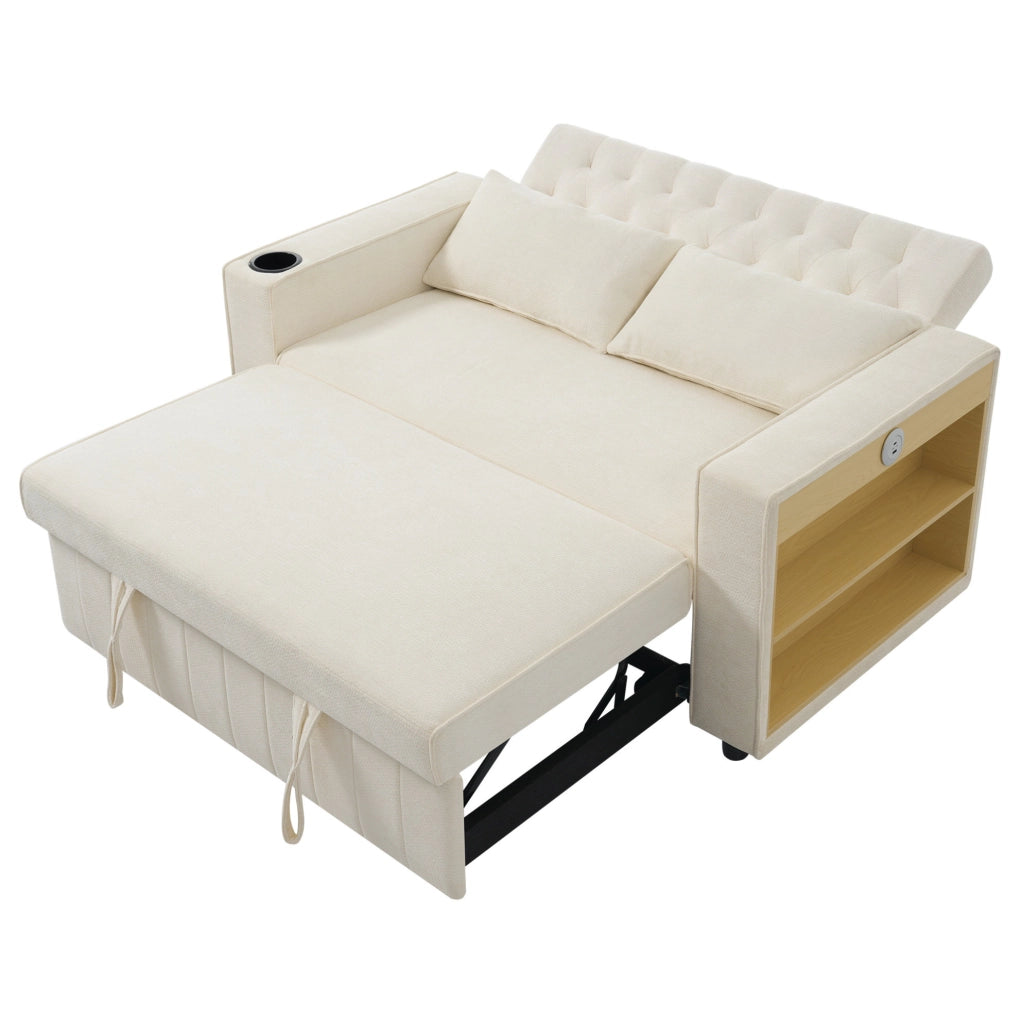 Divano Letto Multifunzionale Beige in Chenille con Contenitore, Porta USB e Porta Bicchieri, 2 Posti, 140x137x84 cm