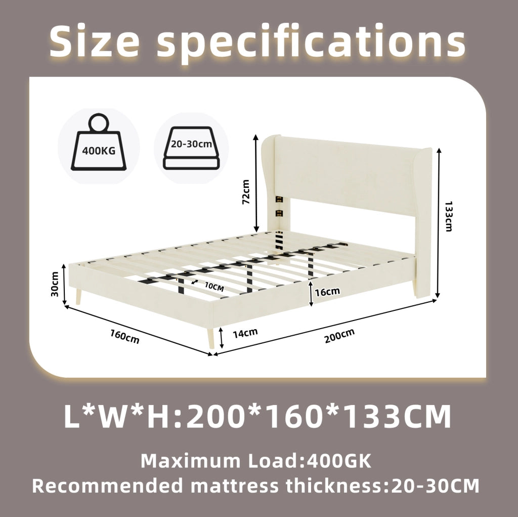 Letto imbottito moderno 160x200 cm con testiera beige e base bassa senza contenitore
