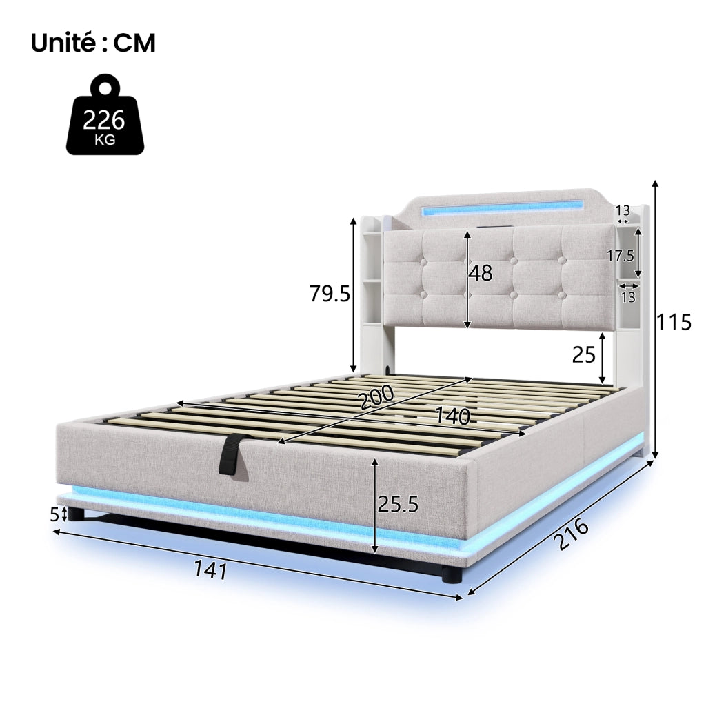 Letto matrimoniale 140 × 200 cm con contenitore idraulico, LED, USB e Type-C, senza materasso, in lino beige