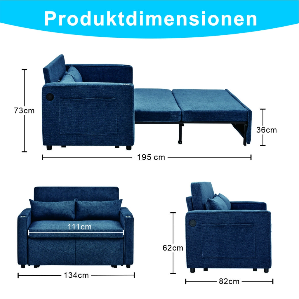 Divano Letto 2 Posti con USB ¨C MINIMAL ¨C Blu, Trasformabile