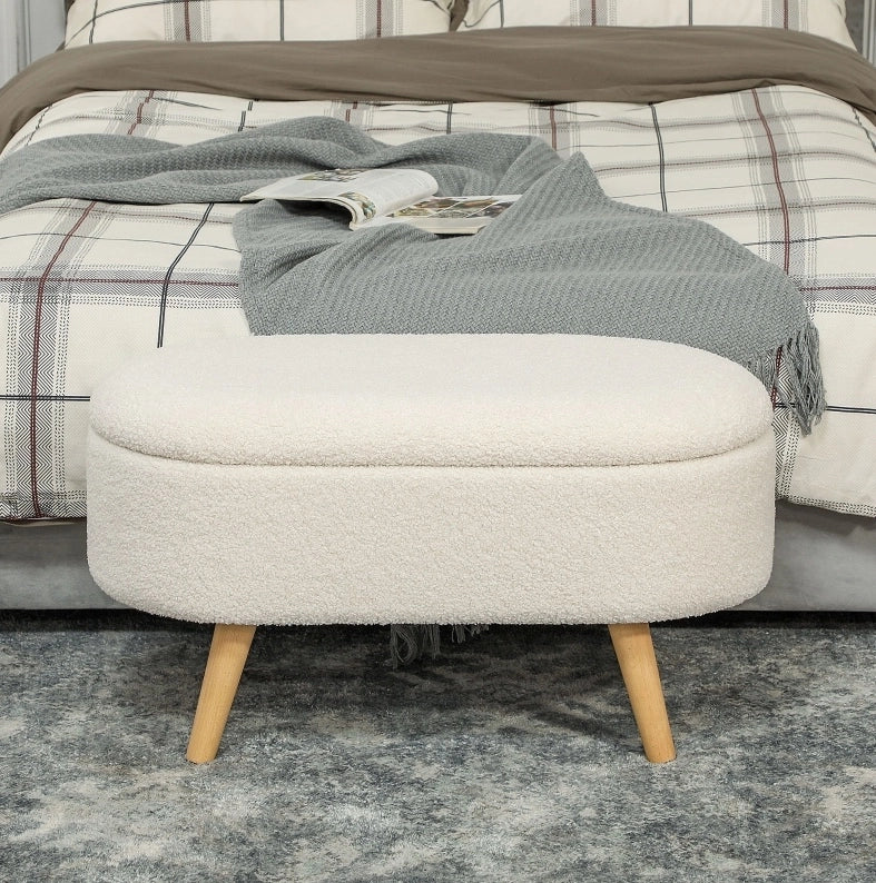 Panca con contenitore e coperchio in legno e tessuto bianco, 82x41x45 cm, per ingresso, soggiorno e camera da letto