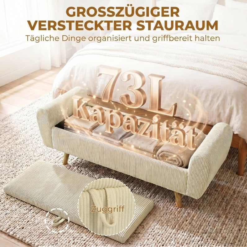 Panca contenitore in velluto a coste beige con braccioli