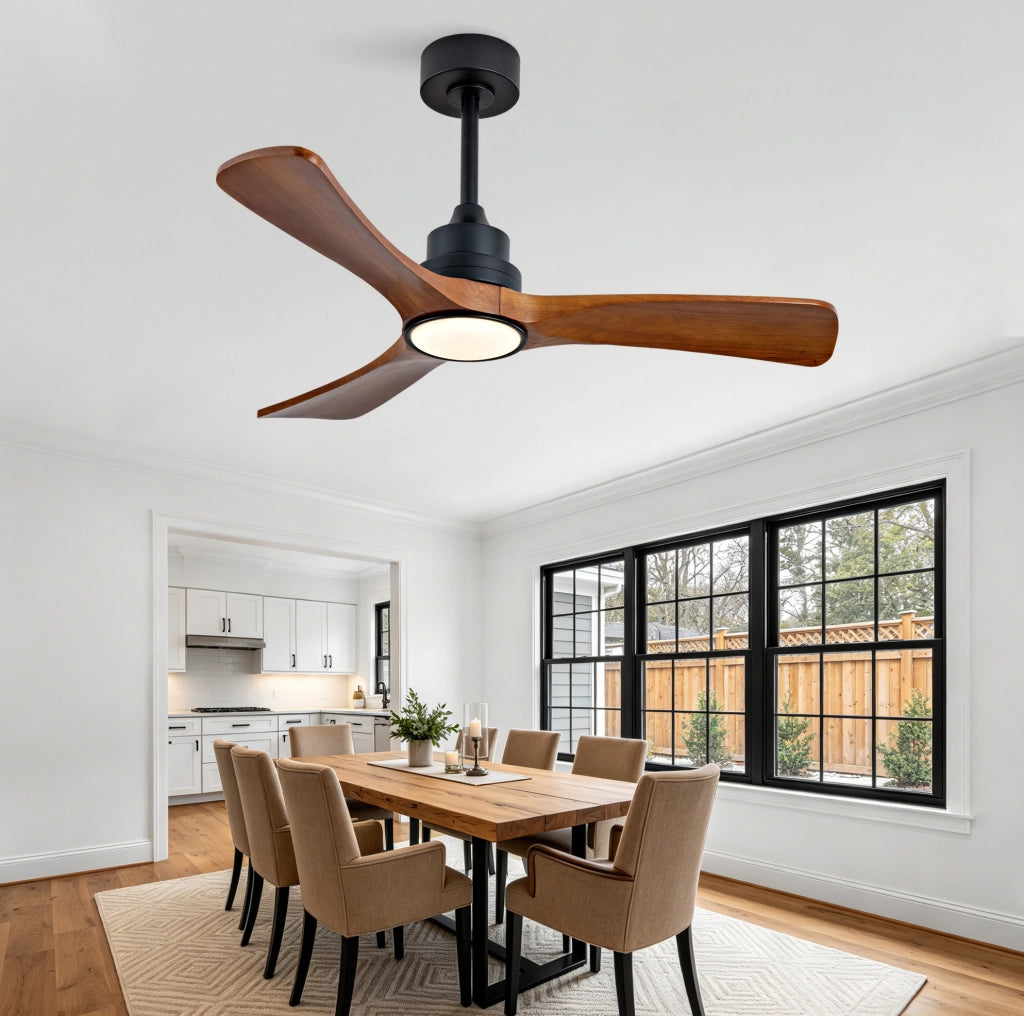Ventilatore da soffitto 42" con 3 pale in legno massello, illuminazione LED dimmerabile, motore DC reversibile 6 velocità e telecomando