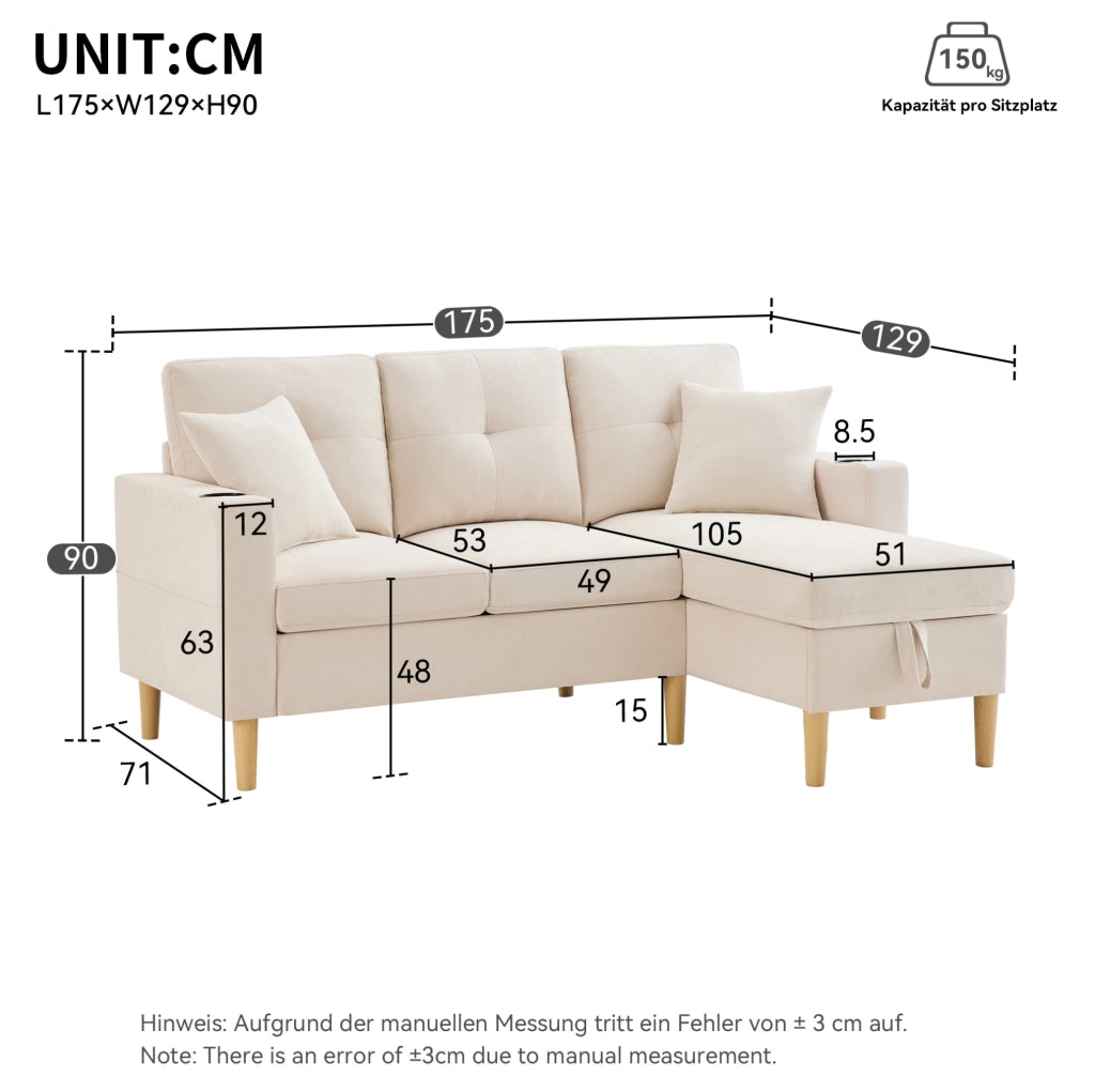 Divano angolare 3 posti con chaise longue reversibile beige