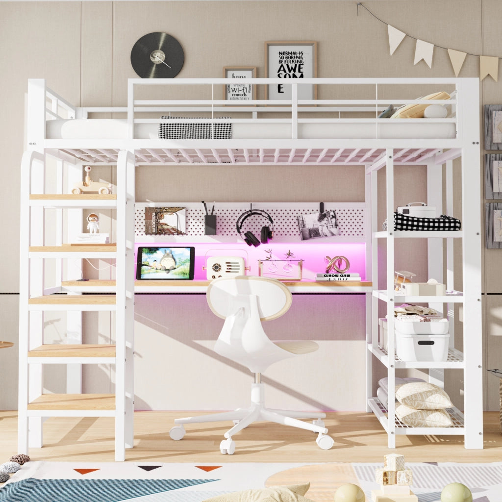 Letto a soppalco in metallo con pannello forato, scrivania, LED e scala, 90x200 cm, bianco