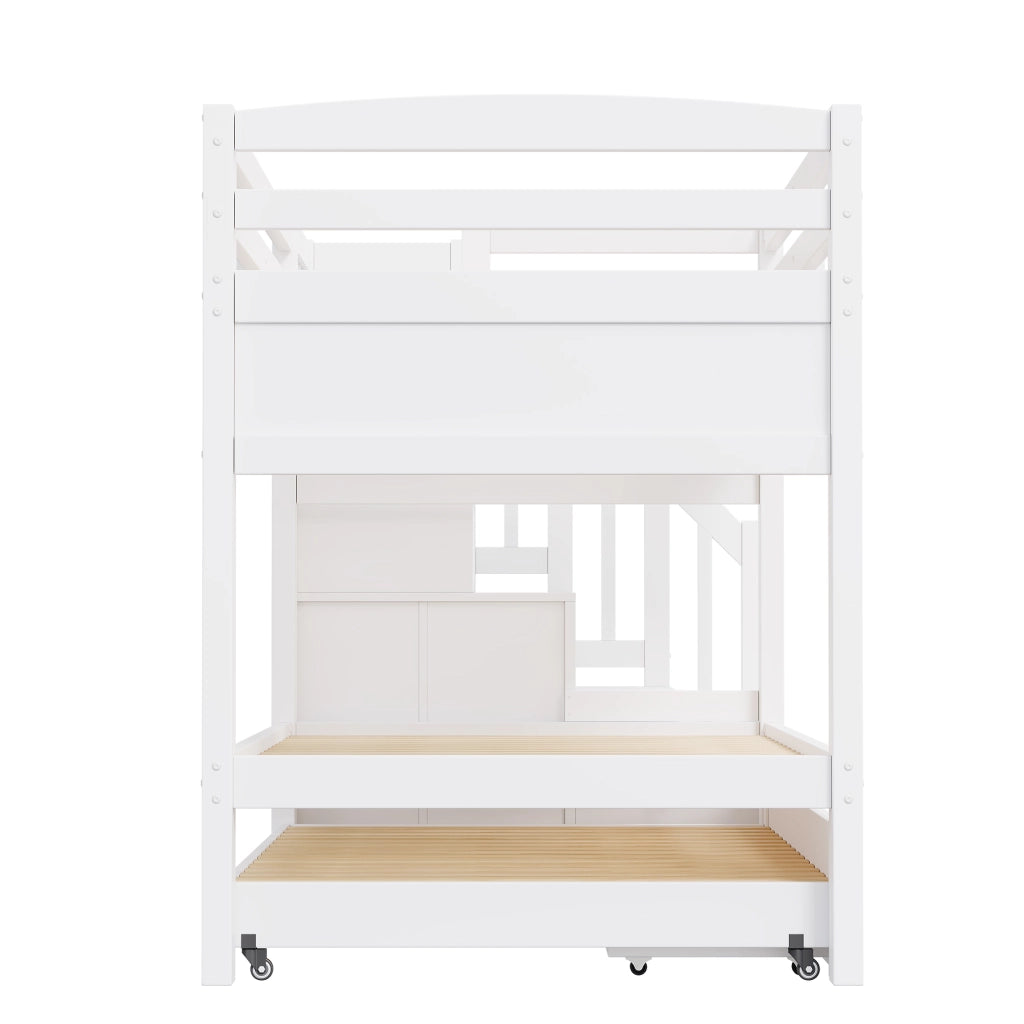 Letto a castello 90x200 cm bianco con letto estraibile; 2 cassetti; scala contenitore e armadio