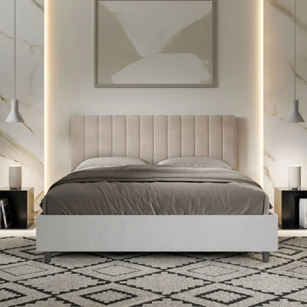 Letto matrimoniale contenitore 160x190 bianco frassino testata microfibra sabbia Kaia