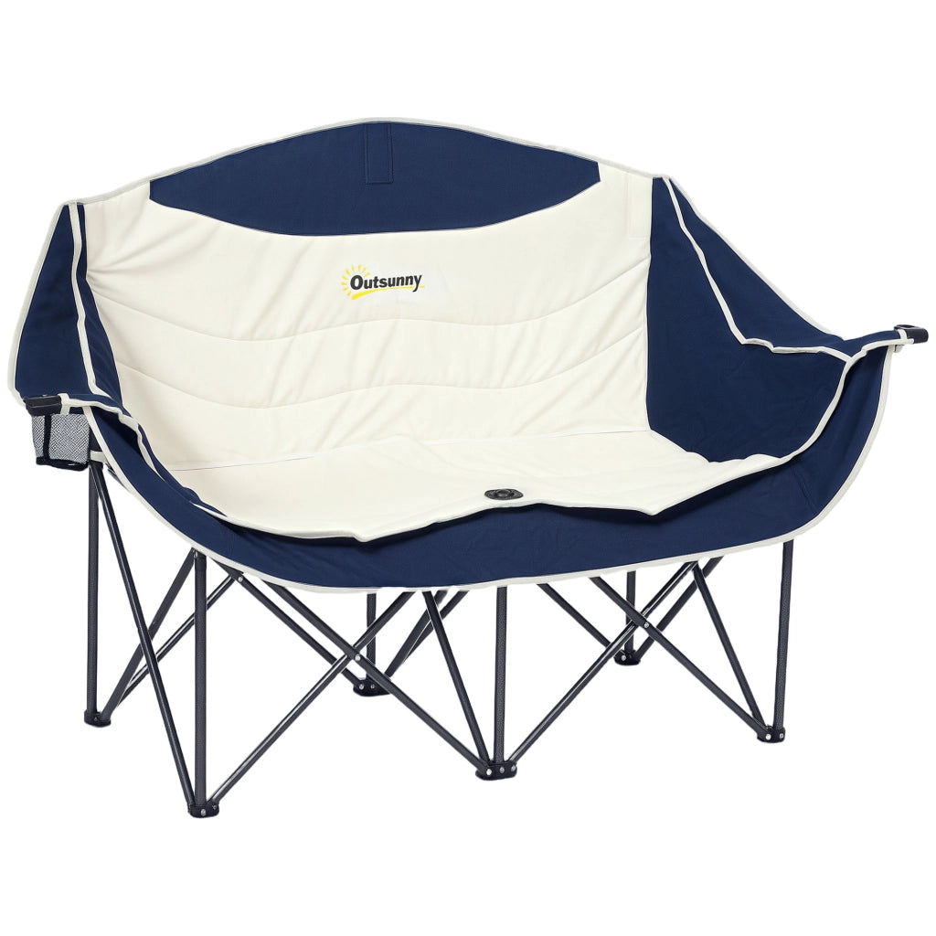 Sedia da Campeggio Pieghevole 2 Posti con Portabicchieri e Borsa di Trasporto Telaio in Metallo Carico Max 250 kg Blu per Giardino e Outdoor