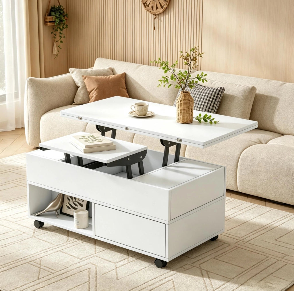 Tavolino da salotto elevabile 100x50 cm con 4 cassetti e ruote bianco HOMVRA