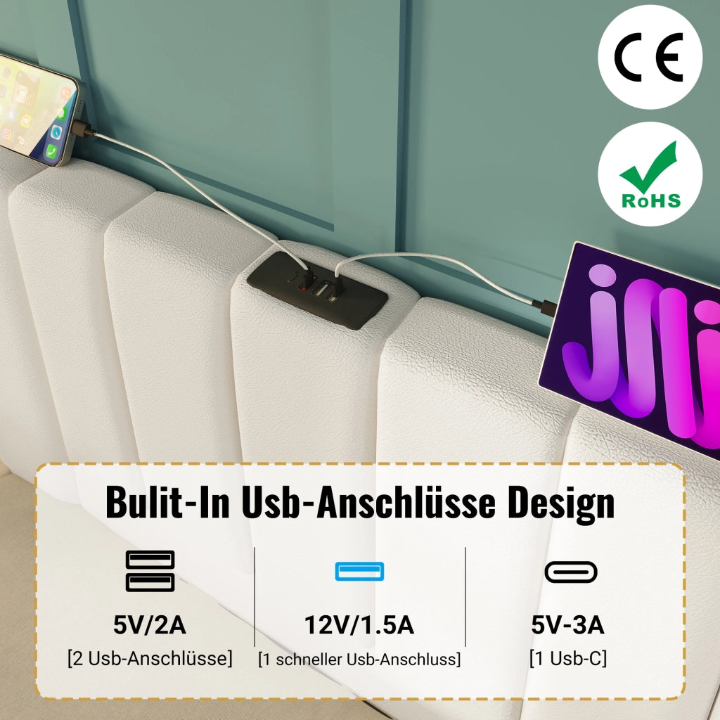 Letto matrimoniale contenitore 160 × 200 cm con LED e ricarica USB tipo C in PU bianco con rete a doghe