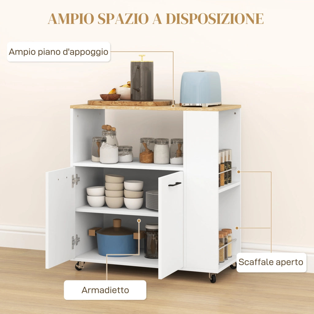 Carrello Cucina in Legno con Armadietto e Ripiano ¨C Minimal ¨C Rovere e Bianco 75x40x80.5