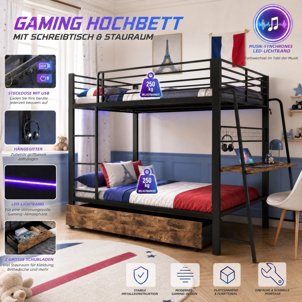 Letto a soppalco 140 × 200 cm con scrivania prese USB Type-C LED RGB e cassetti in metallo e MDF nero