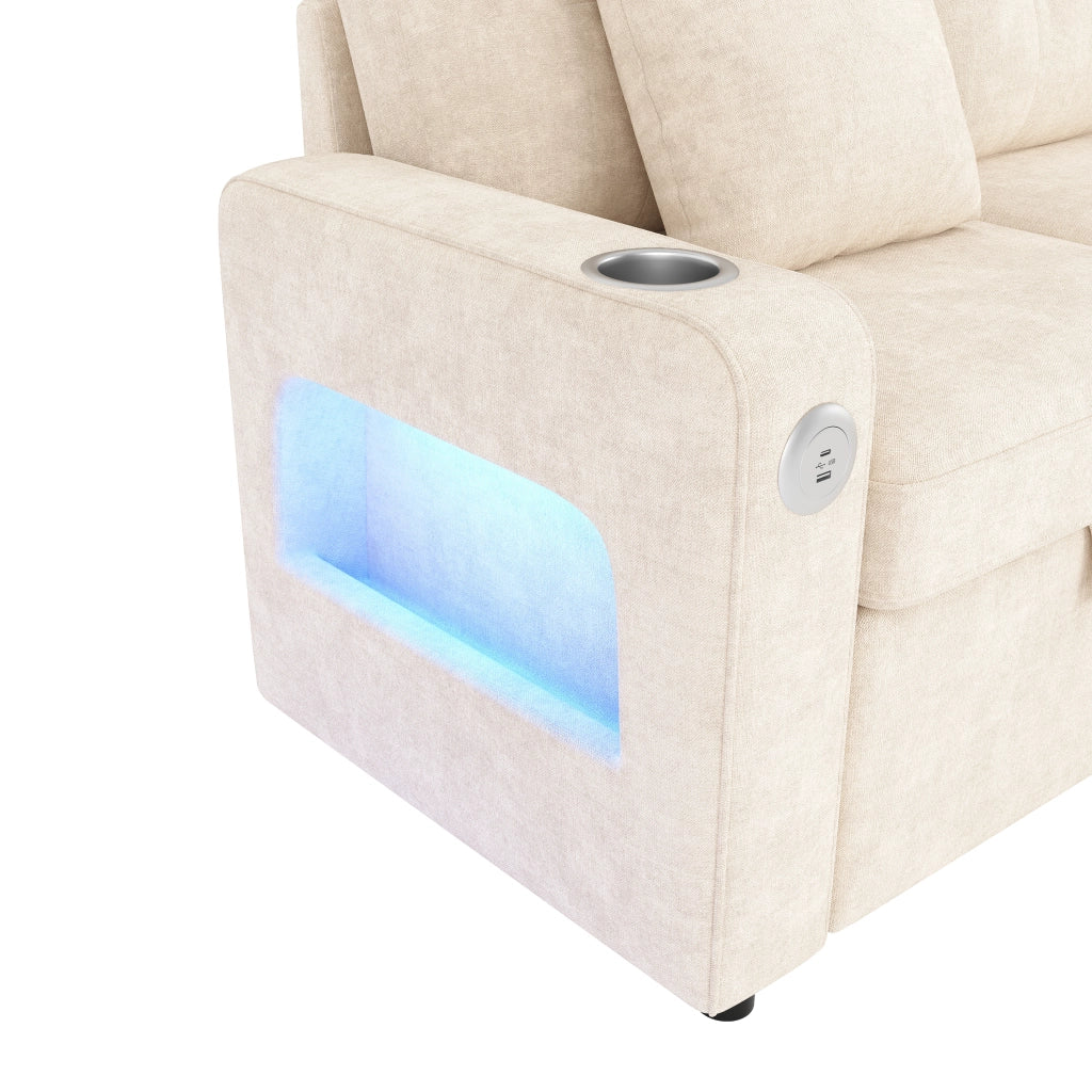 Divano letto 2 posti estraibile con LED, USB e USB-C in ciniglia beige