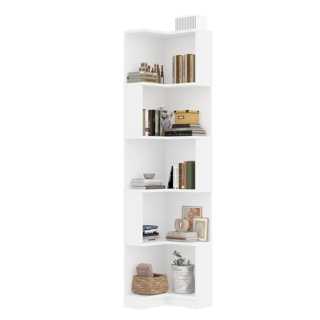 Libreria Angolare Bianca Scaffale a Forma di L con Luci LED e 5 Ripiani