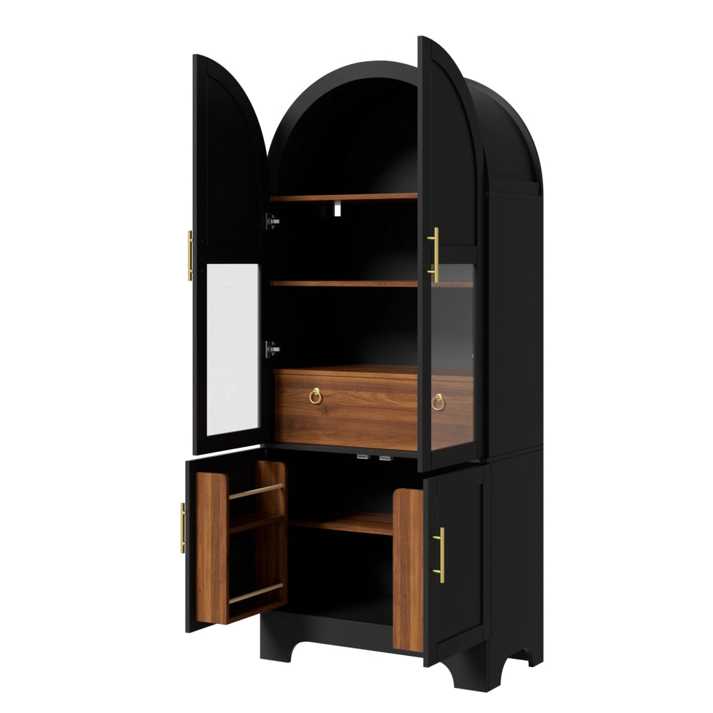 Vetrina alta nera con illuminazione LED, quattro ante e cassetto, arco, MDF e PB